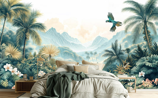 Dreamy Rainforest Lush Greenery Floral Wallpaper – room setting, Golden Era Walls