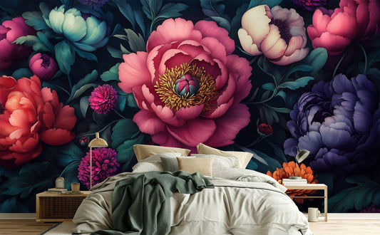 Dark Peony Floral Vintage Floral Wallpaper – lifestyle view, Golden Era Walls
