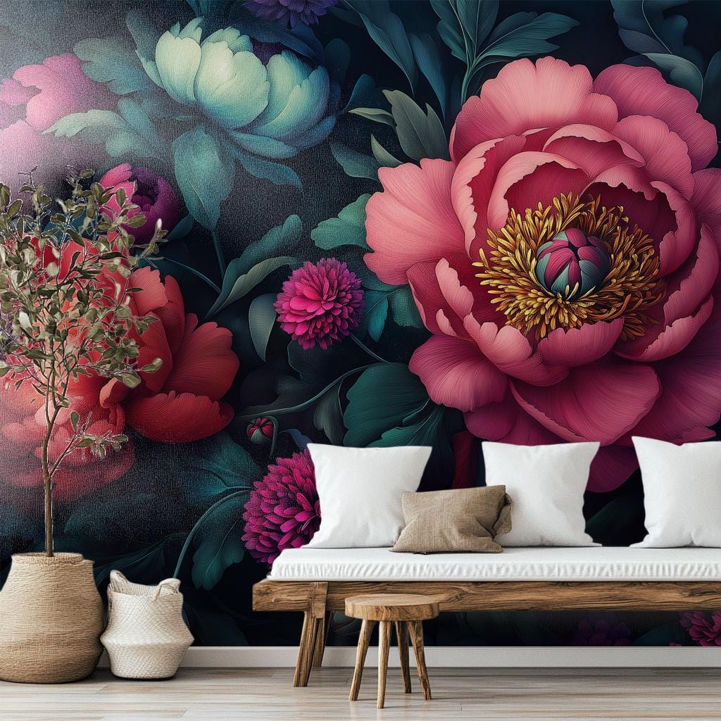 Dark Peony Floral Vintage Floral Wallpaper – room setting, Golden Era Walls