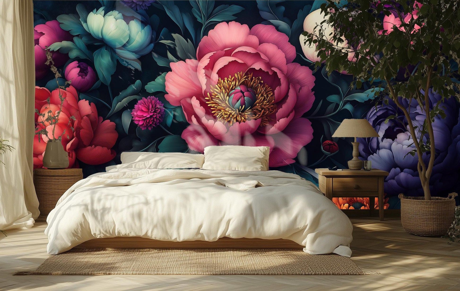 Dark Peony Floral Vintage Floral Wallpaper – scale reference, Golden Era Walls