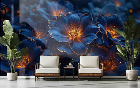 Luxury Flower Deep Blue Floral Wallpaper – lifestyle view, Golden Era Walls