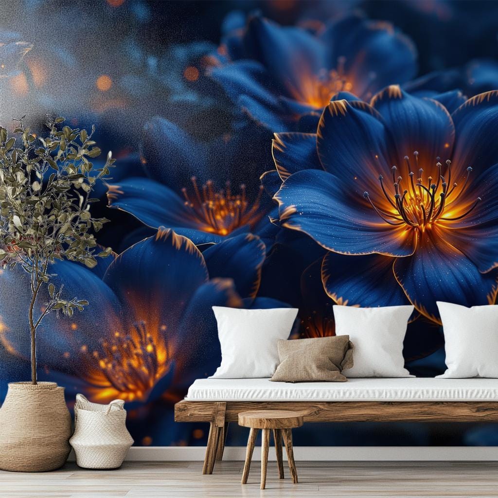 Luxury Flower Deep Blue Floral Wallpaper – room setting, Golden Era Walls