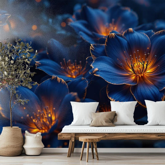 Luxury Flower Deep Blue Floral Wallpaper – room setting, Golden Era Walls