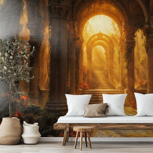 Golden Ruins Majestic Architectural Wallpaper – room setting, Golden Era Walls