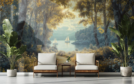 Golden Woodland Serene Landscape Wallpaper – lifestyle view, Golden Era Walls
