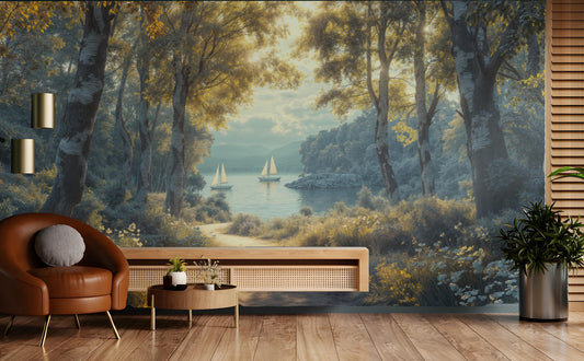 Golden Woodland Serene Landscape Wallpaper – detail view, Golden Era Walls