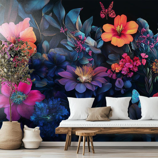 Midnight Floral Vibrant Tropical Floral Wallpaper – peel and stick wallpaper mural, Golden Era Walls