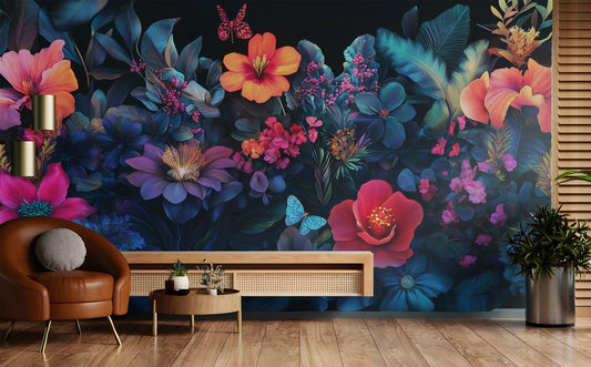 Midnight Floral Vibrant Tropical Floral Wallpaper – detail view, Golden Era Walls