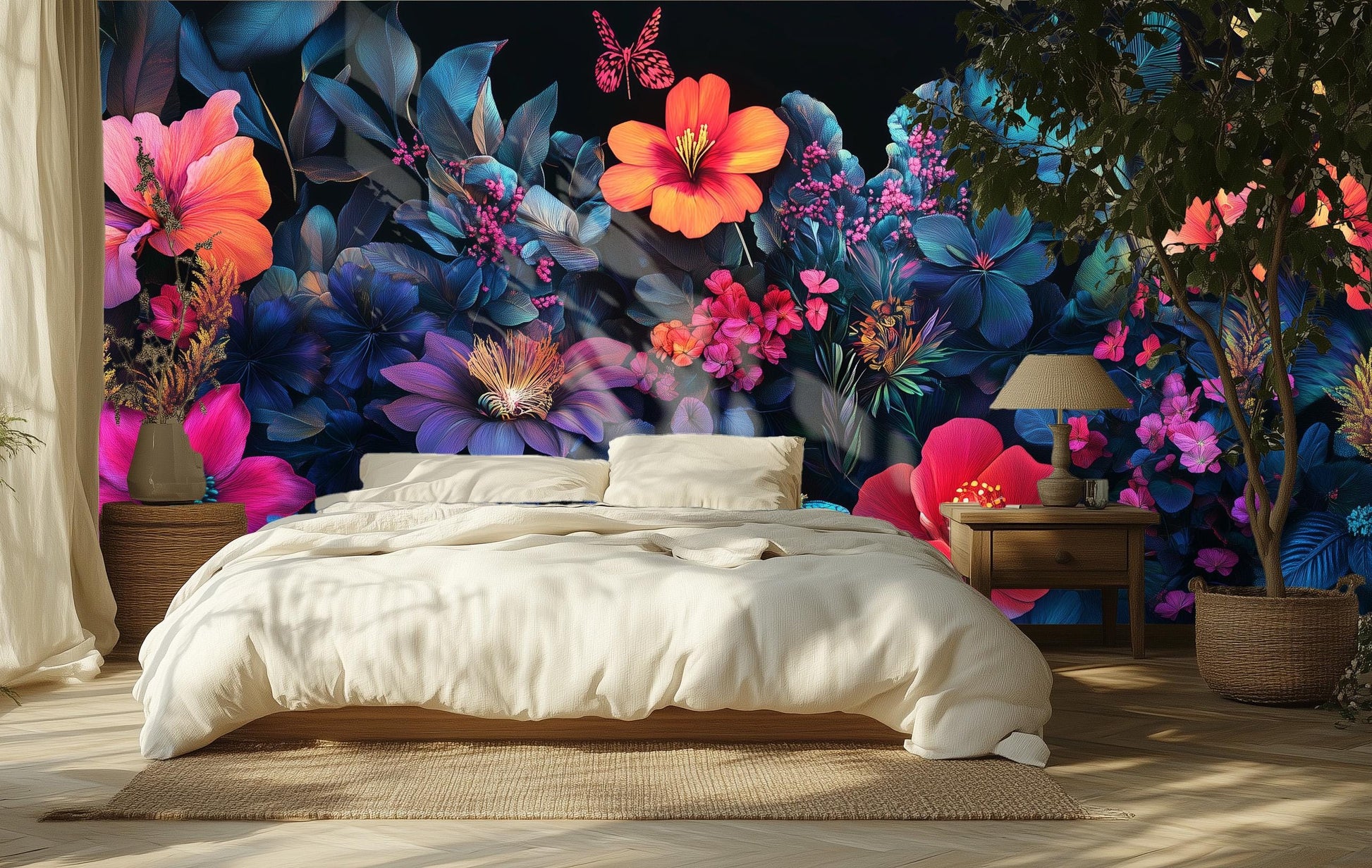 Midnight Floral Vibrant Tropical Floral Wallpaper – scale reference, Golden Era Walls