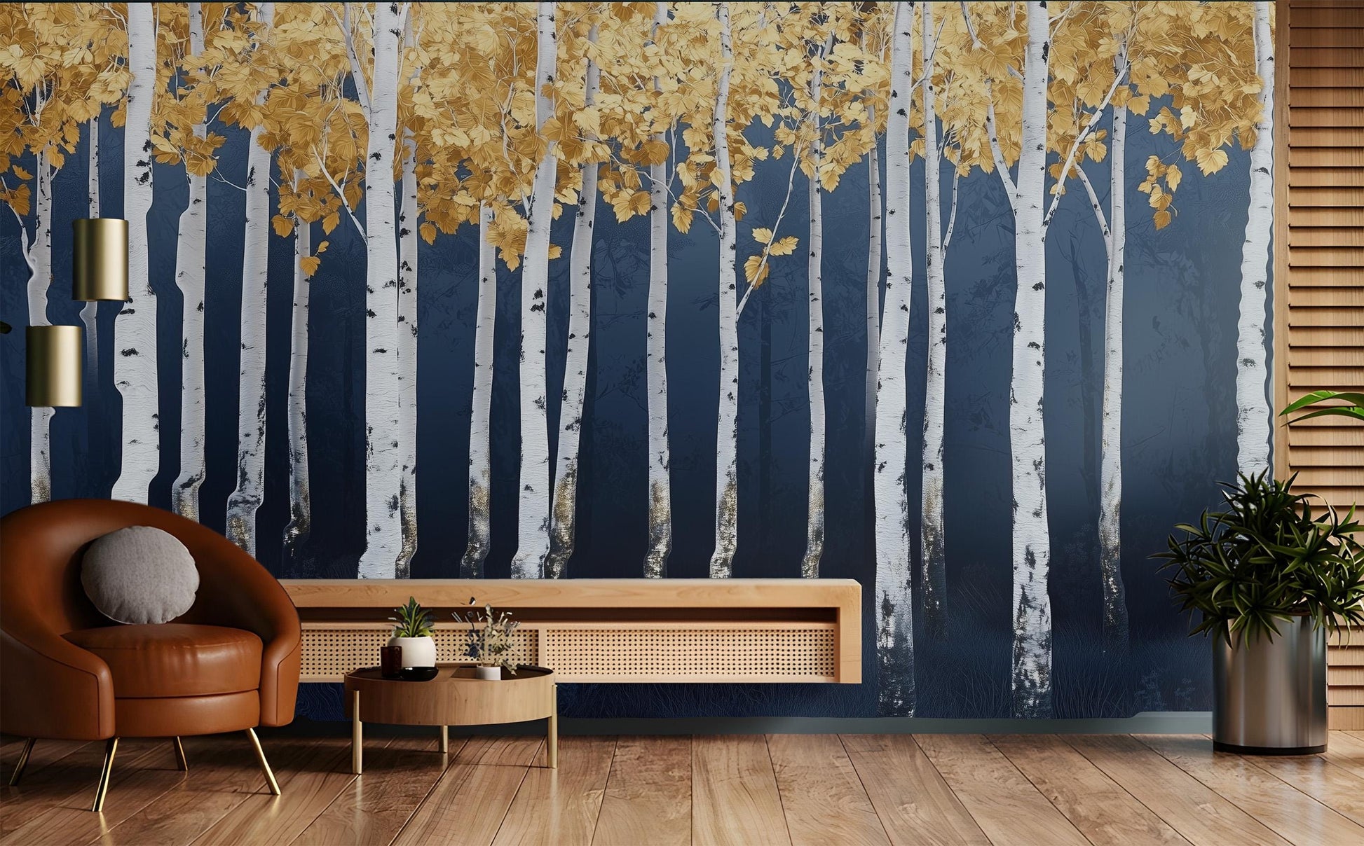Abstract Golden Autumn Trees Geometric Wallpaper – detail view, Golden Era Walls