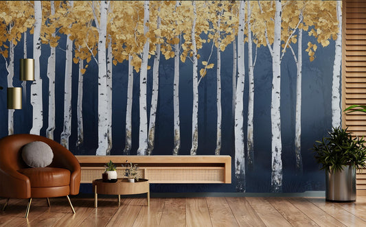 Abstract Golden Autumn Trees Geometric Wallpaper – detail view, Golden Era Walls