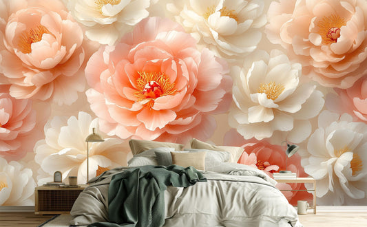 Blush Peach Peony Floral Floral Wallpaper – room setting, Golden Era Walls