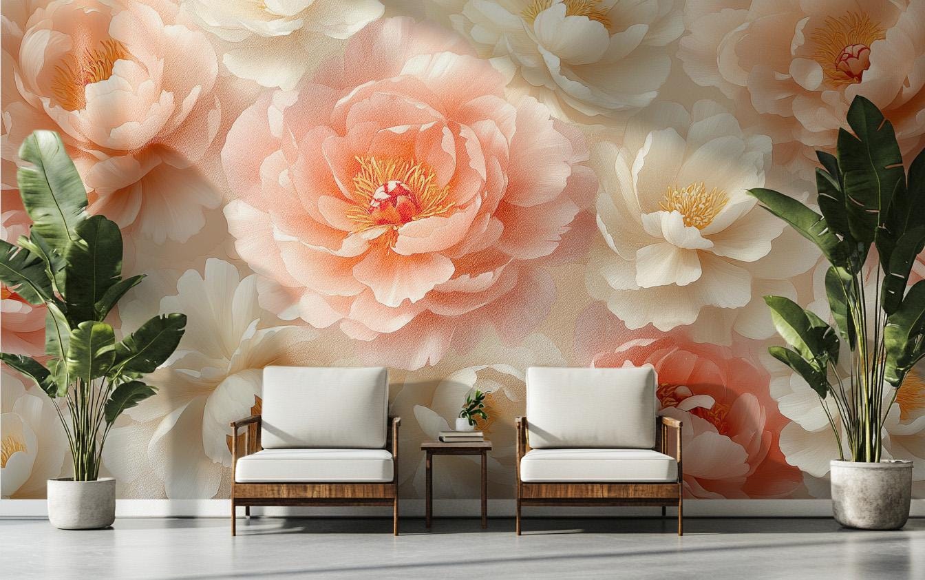 Blush Peach Peony Floral Floral Wallpaper – lifestyle view, Golden Era Walls