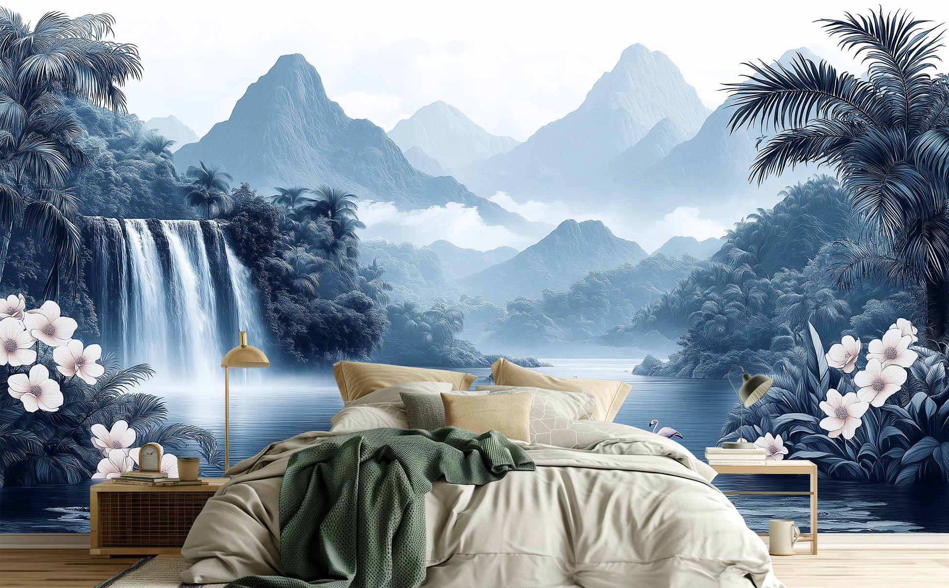 Chinoiserie Jungle Elegant Blue Tropical Wallpaper – detail view, Golden Era Walls