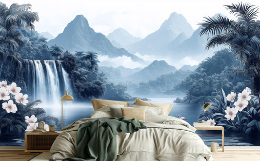 Chinoiserie Jungle Elegant Blue Tropical Wallpaper – detail view, Golden Era Walls