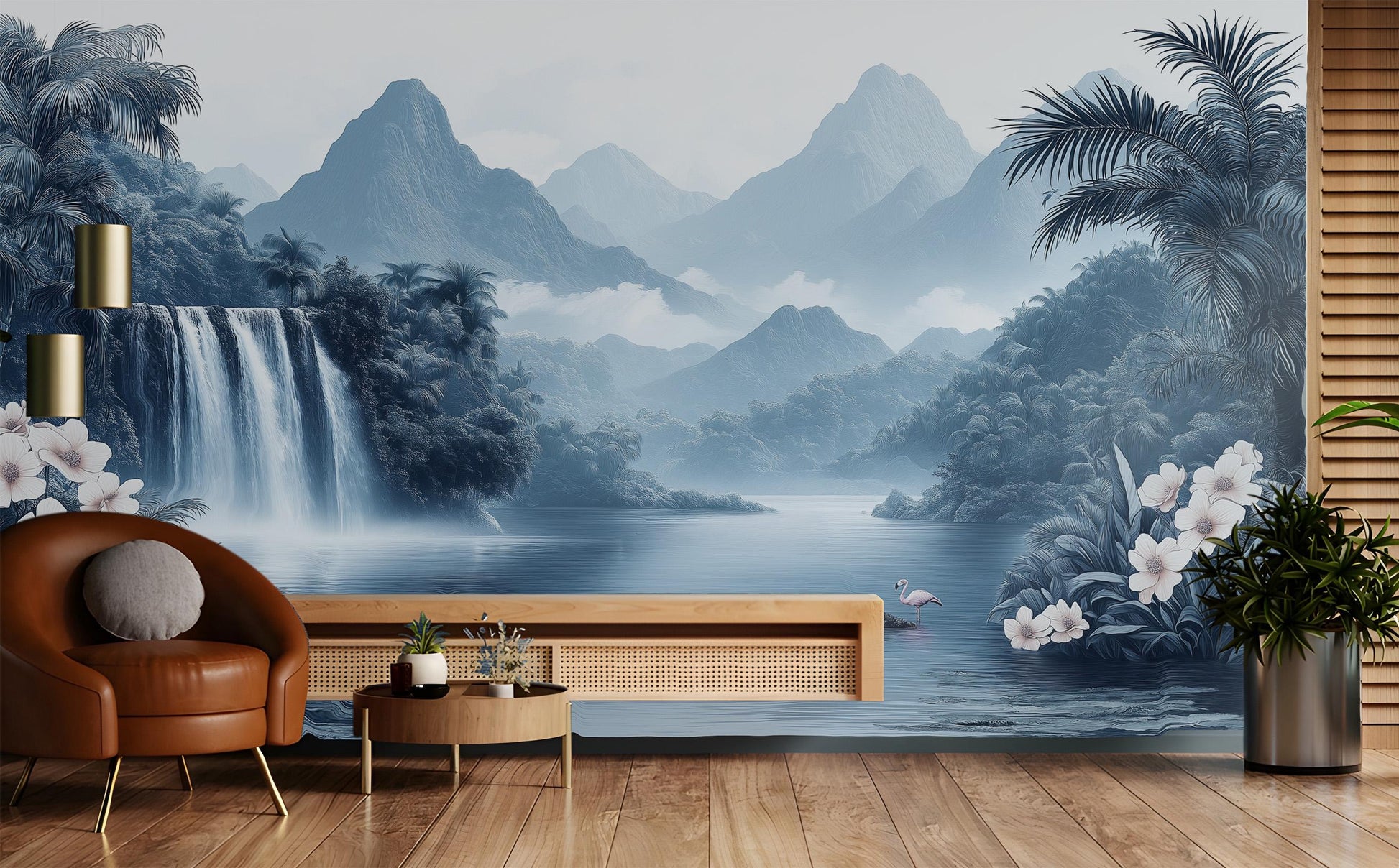 Chinoiserie Jungle Elegant Blue Tropical Wallpaper – lifestyle view, Golden Era Walls