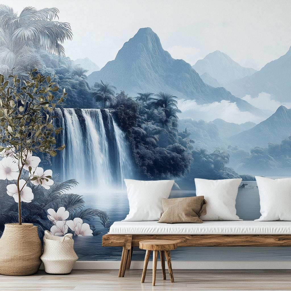 Chinoiserie Jungle Elegant Blue Tropical Wallpaper – peel and stick wallpaper mural, Golden Era Walls