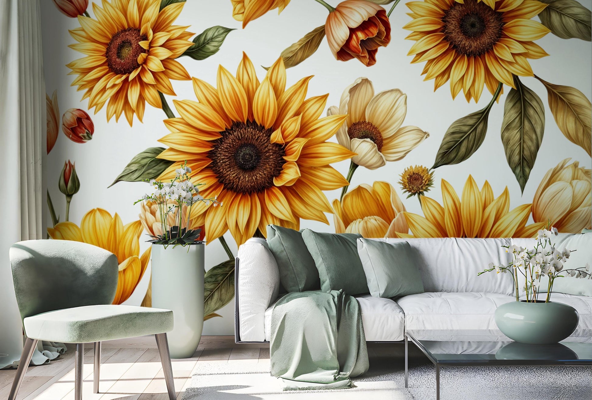 Sunflower Floral Yellow Flowers Floral Wallpaper – room setting, Golden Era Walls