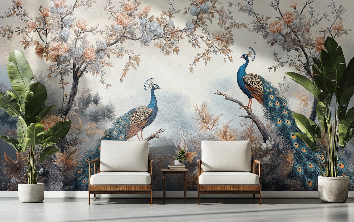 Elegant Peacock Chinoiserie Bird Floral Wallpaper – detail view, Golden Era Walls