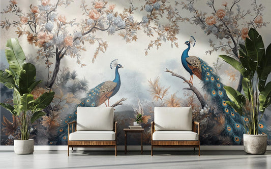 Elegant Peacock Chinoiserie Bird Floral Wallpaper – detail view, Golden Era Walls