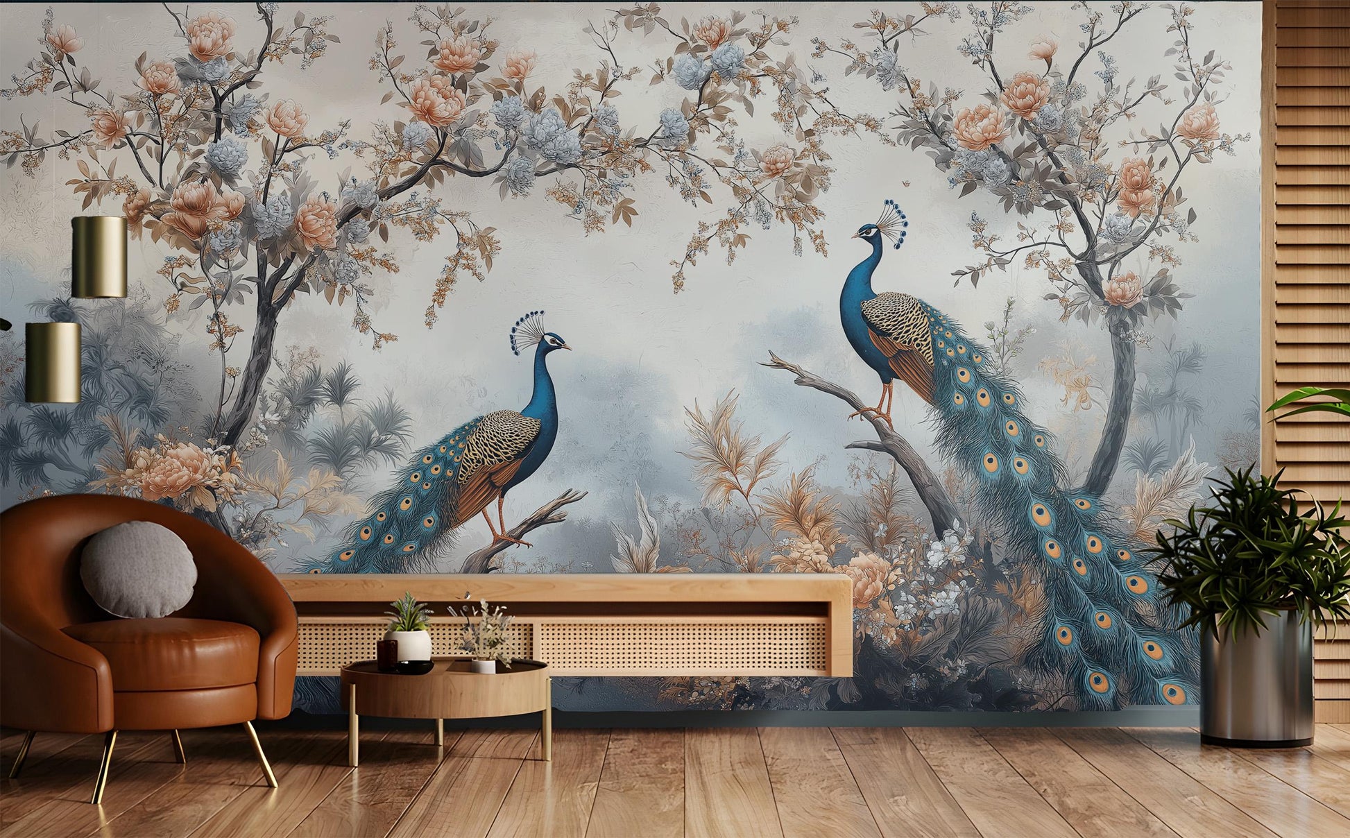 Elegant Peacock Chinoiserie Bird Floral Wallpaper – room setting, Golden Era Walls