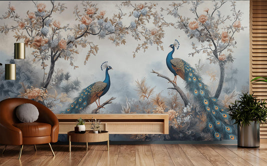 Elegant Peacock Chinoiserie Bird Floral Wallpaper – room setting, Golden Era Walls