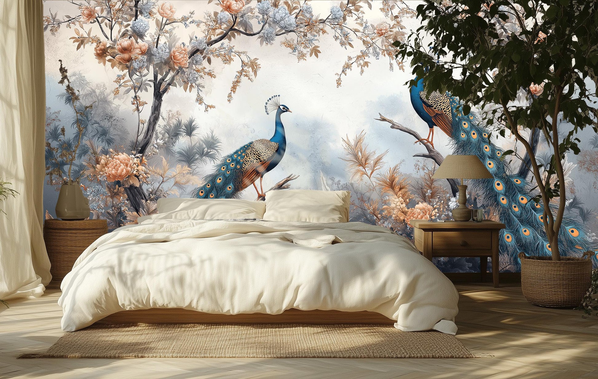 Elegant Peacock Chinoiserie Bird Floral Wallpaper – lifestyle view, Golden Era Walls