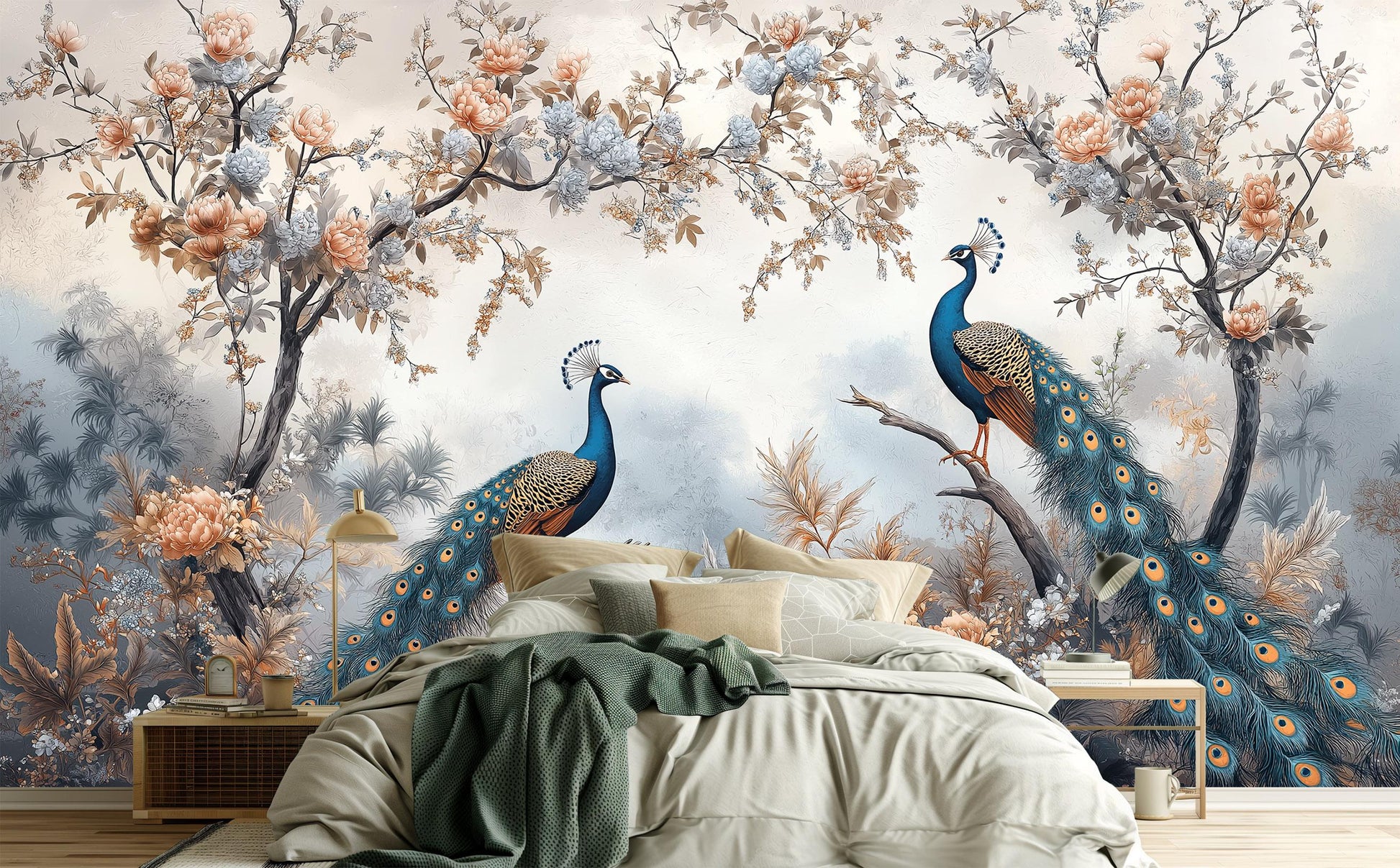 Elegant Peacock Chinoiserie Bird Floral Wallpaper – peel and stick wallpaper mural, Golden Era Walls
