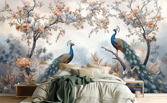 Elegant Peacock Chinoiserie Bird Floral Wallpaper – peel and stick wallpaper mural, Golden Era Walls