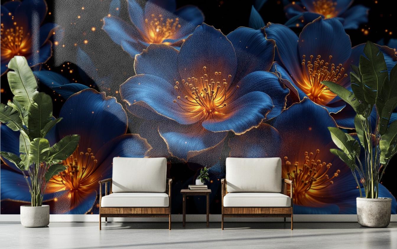 Luxury Floral Glowing Blue Floral Wallpaper – room setting, Golden Era Walls