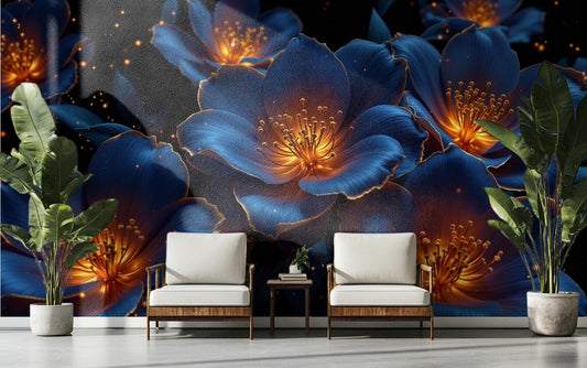 Luxury Floral Glowing Blue Floral Wallpaper – room setting, Golden Era Walls