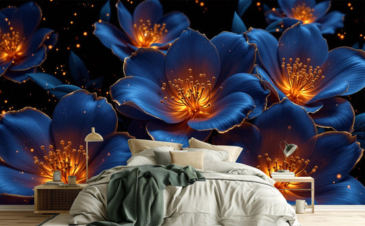 Luxury Floral Glowing Blue Floral Wallpaper – peel and stick wallpaper mural, Golden Era Walls