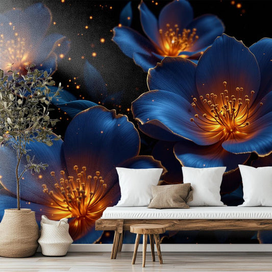 Luxury Floral Glowing Blue Floral Wallpaper – detail view, Golden Era Walls