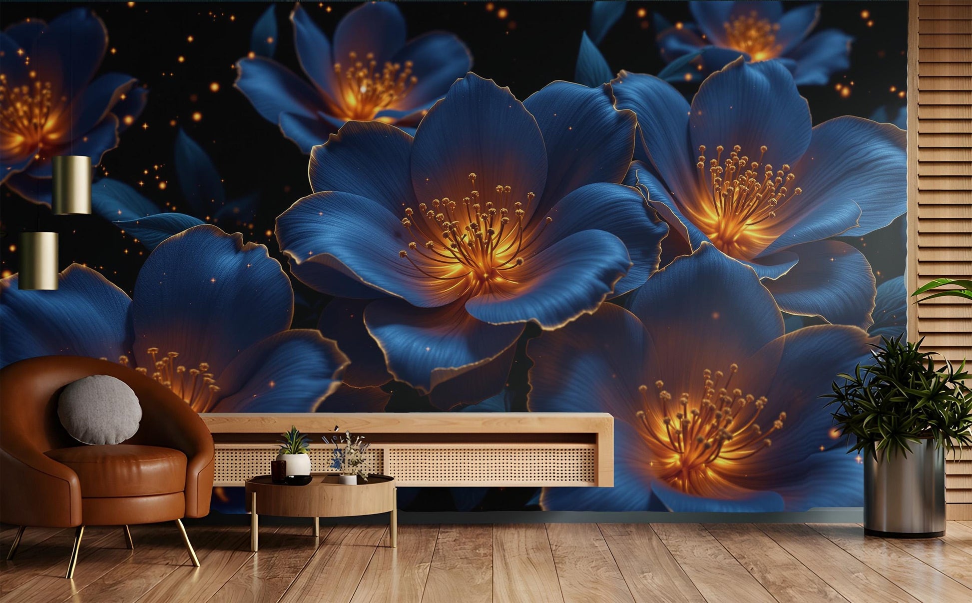 Luxury Floral Glowing Blue Floral Wallpaper – scale reference, Golden Era Walls