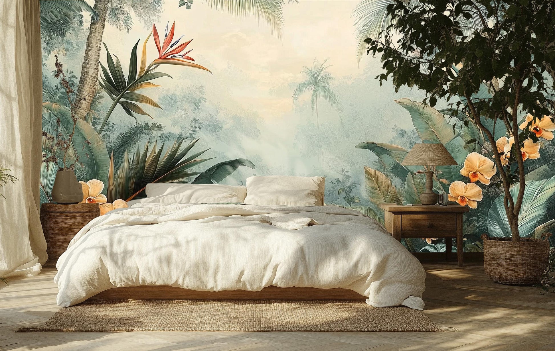 Vintage Tropical Botanical Jungle Floral Wallpaper – lifestyle view, Golden Era Walls
