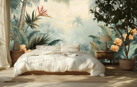 Vintage Tropical Botanical Jungle Floral Wallpaper – lifestyle view, Golden Era Walls