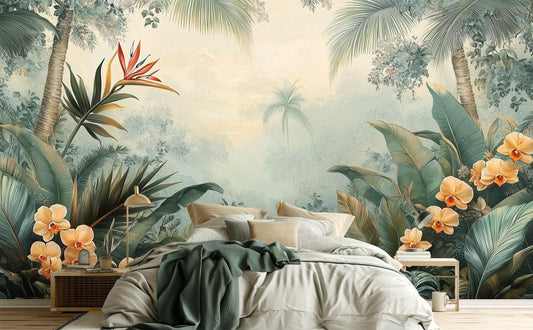 Vintage Tropical Botanical Jungle Floral Wallpaper – room setting, Golden Era Walls