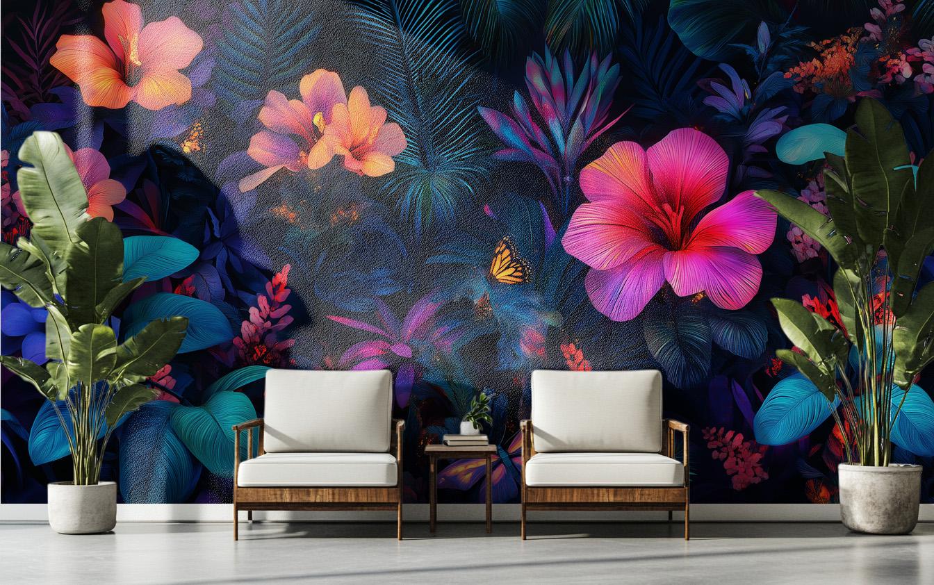 Dark Floral Exotic Midnight Floral Wallpaper – peel and stick wallpaper mural, Golden Era Walls