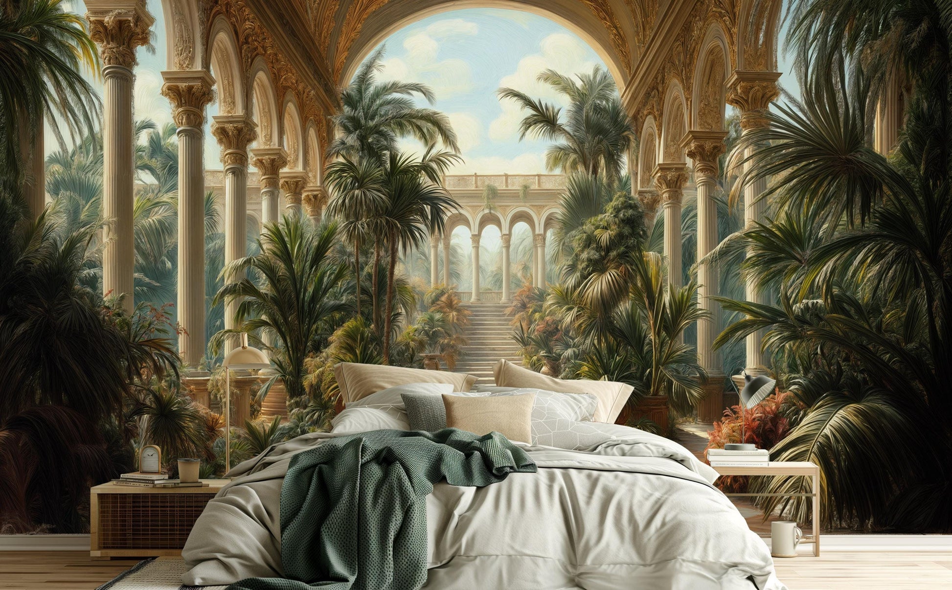 Luxury Botanical Vintage Palace Floral Wallpaper – room setting, Golden Era Walls