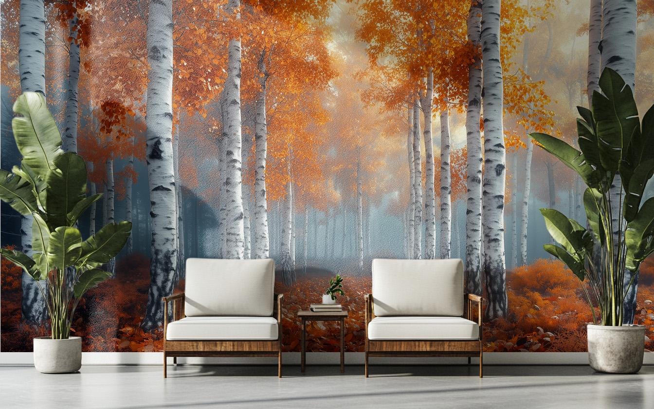 Autumn Birch Forest Misty Coastal Wallpaper – lifestyle view, Golden Era Walls
