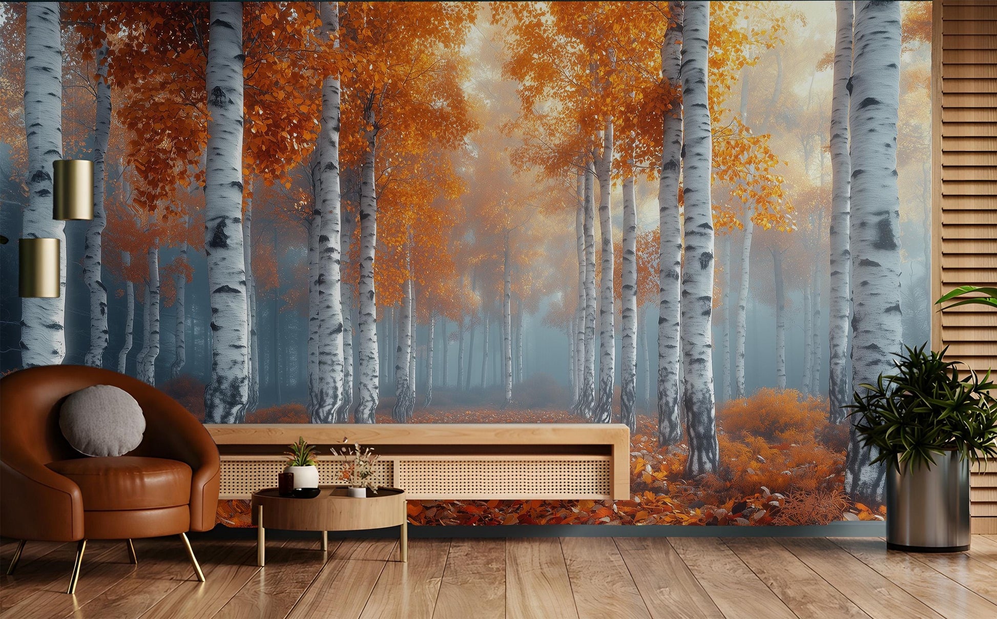 Autumn Birch Forest Misty Coastal Wallpaper – peel and stick wallpaper mural, Golden Era Walls