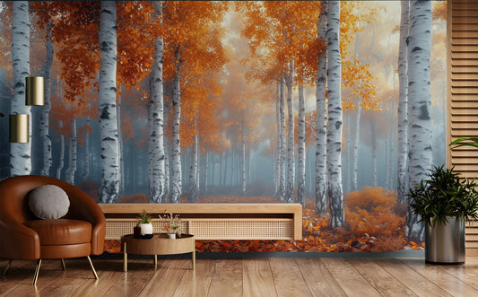 Autumn Birch Forest Misty Coastal Wallpaper – peel and stick wallpaper mural, Golden Era Walls