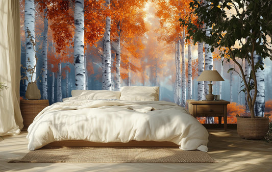 Autumn Birch Forest Misty Coastal Wallpaper – detail view, Golden Era Walls
