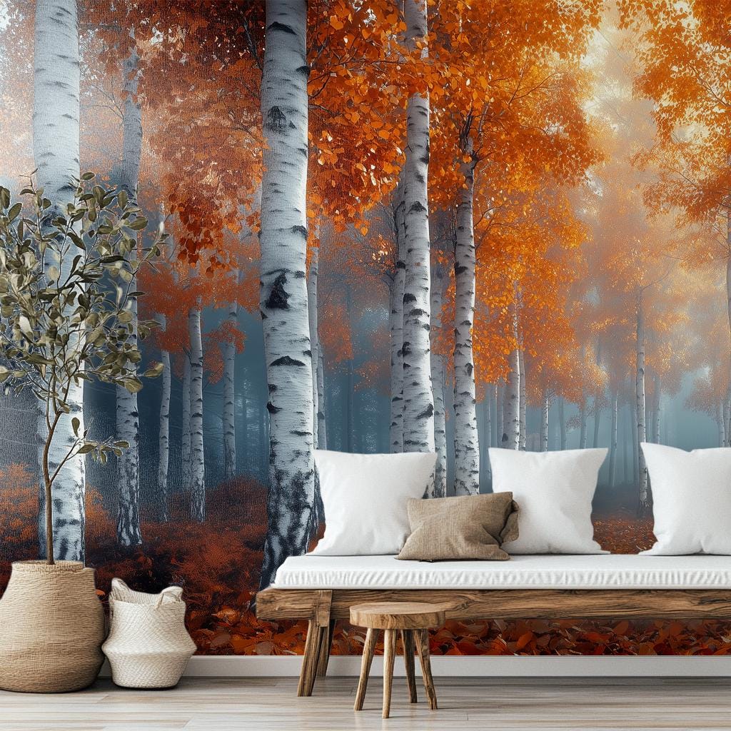 Autumn Birch Forest Misty Coastal Wallpaper – scale reference, Golden Era Walls