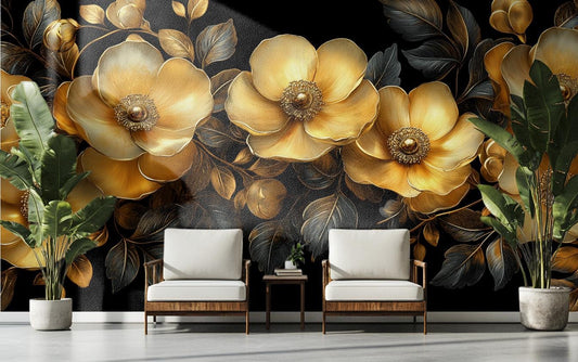 Baroque Gold Floral Opulent Floral Wallpaper – room setting, Golden Era Walls