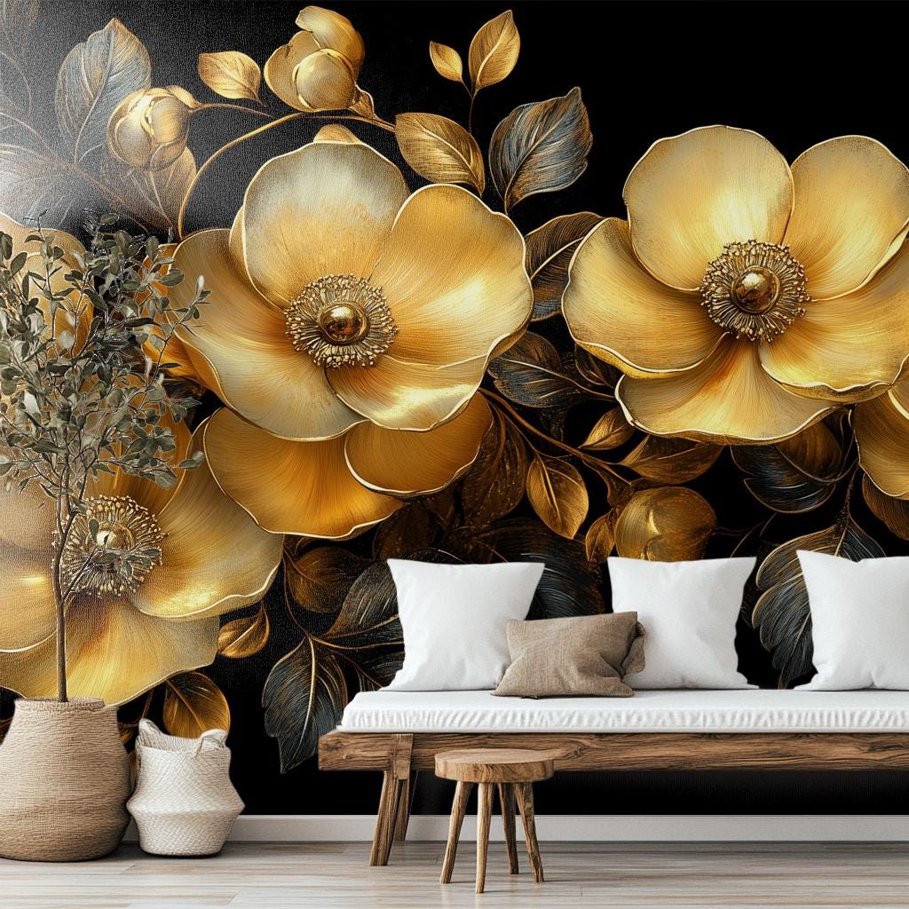 Baroque Gold Floral Opulent Floral Wallpaper – lifestyle view, Golden Era Walls