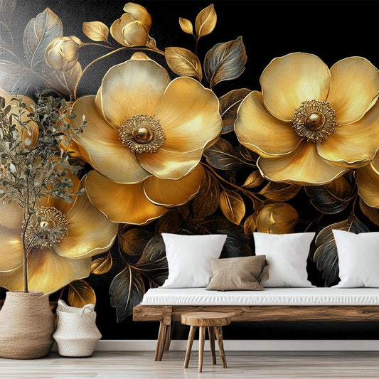 Baroque Gold Floral Opulent Floral Wallpaper – lifestyle view, Golden Era Walls
