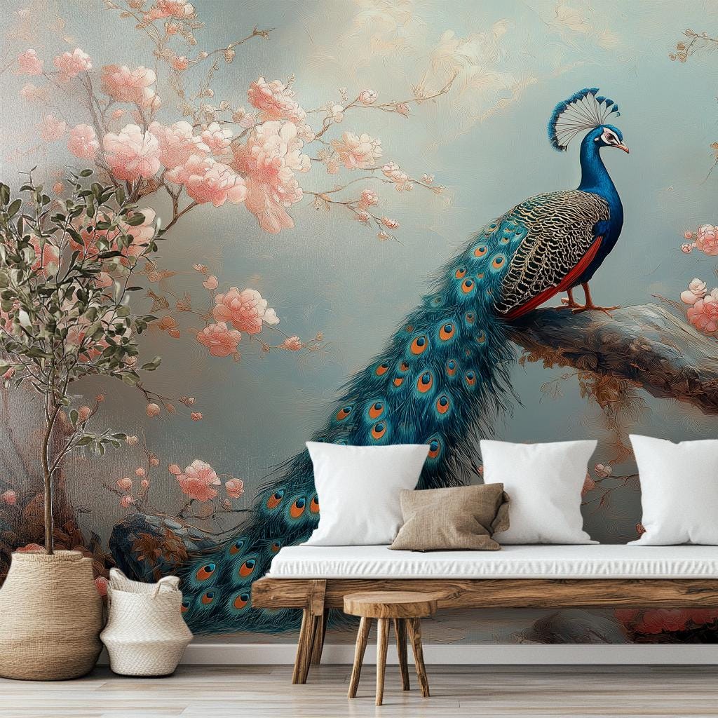 Elegant Peacock Cherry Blossom Floral Wallpaper – room setting, Golden Era Walls