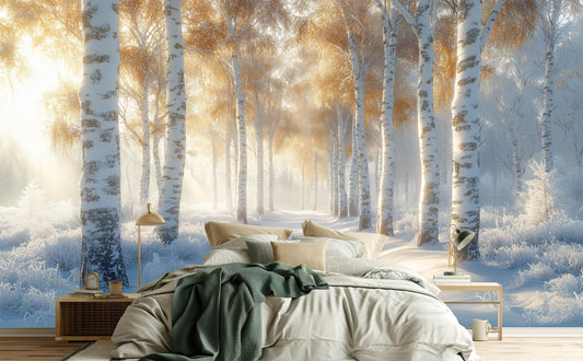 Winter Birch Forest Serene Coastal Wallpaper – lifestyle view, Golden Era Walls