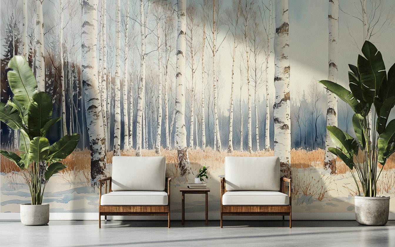Winter Birch Forest Renter Coastal Wallpaper – lifestyle view, Golden Era Walls